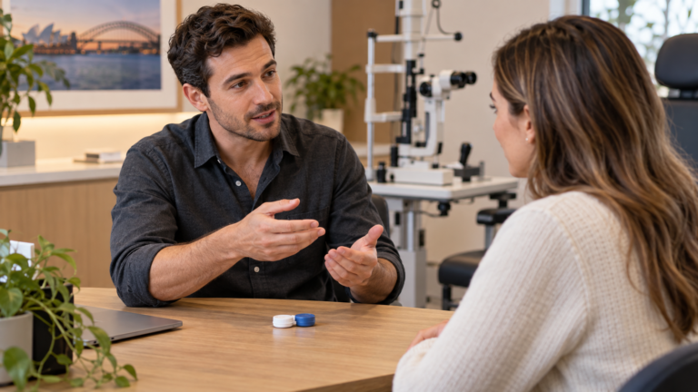 Illustration of an optometrist in a charcoal shirt explaining ortho-k lenses to a patient.